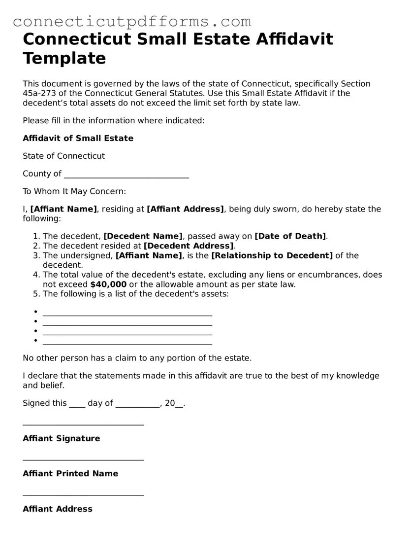 Fillable  Small Estate Affidavit Form for Connecticut