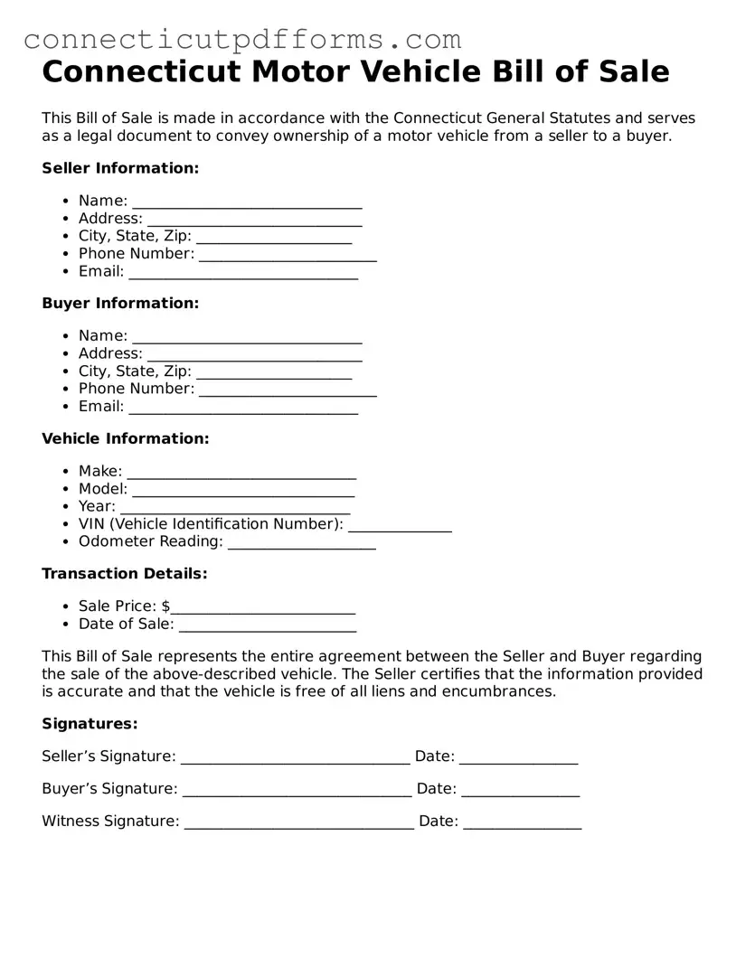 Fillable  Motor Vehicle Bill of Sale Form for Connecticut