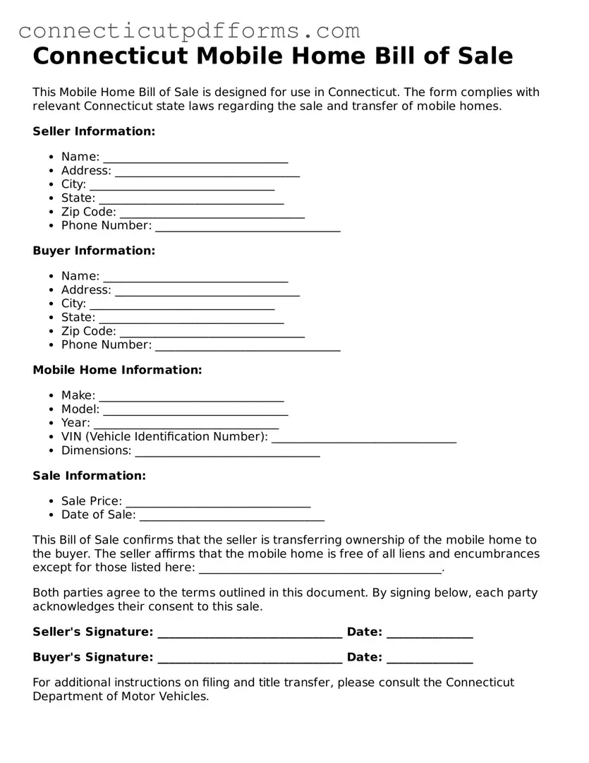 Fillable  Mobile Home Bill of Sale Form for Connecticut