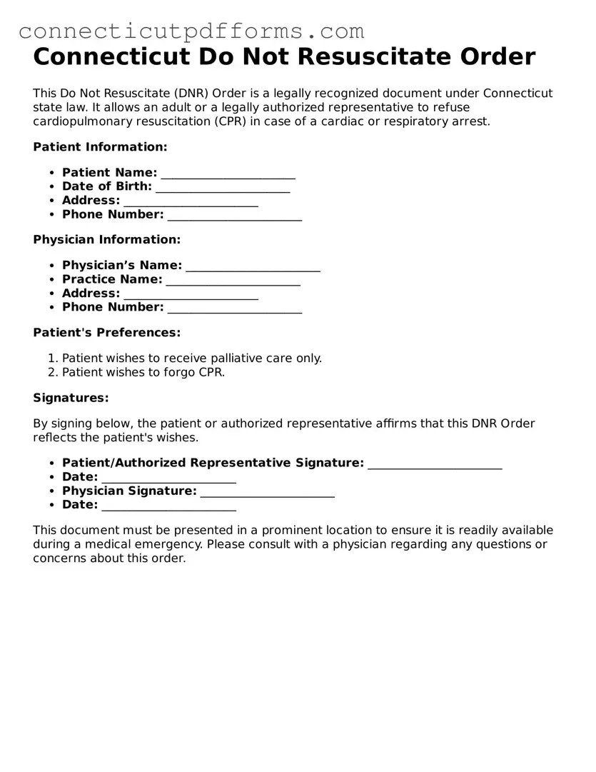 Fillable  Do Not Resuscitate Order Form for Connecticut