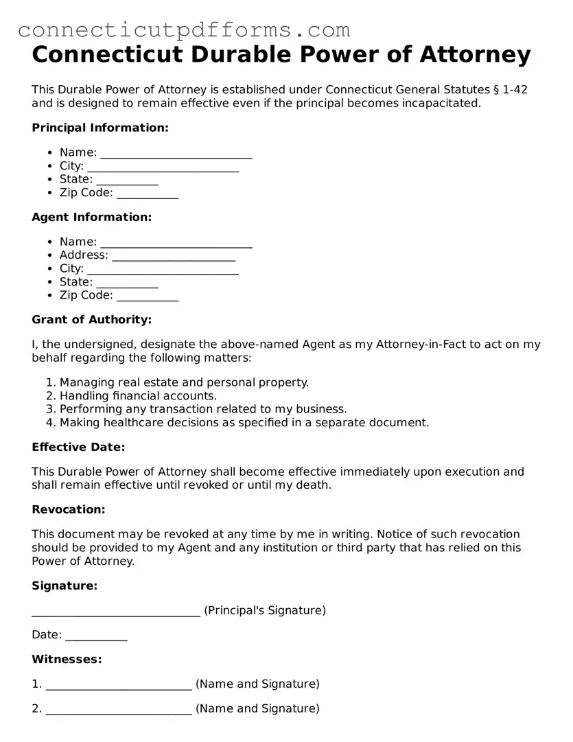 Fillable  Durable Power of Attorney Form for Connecticut