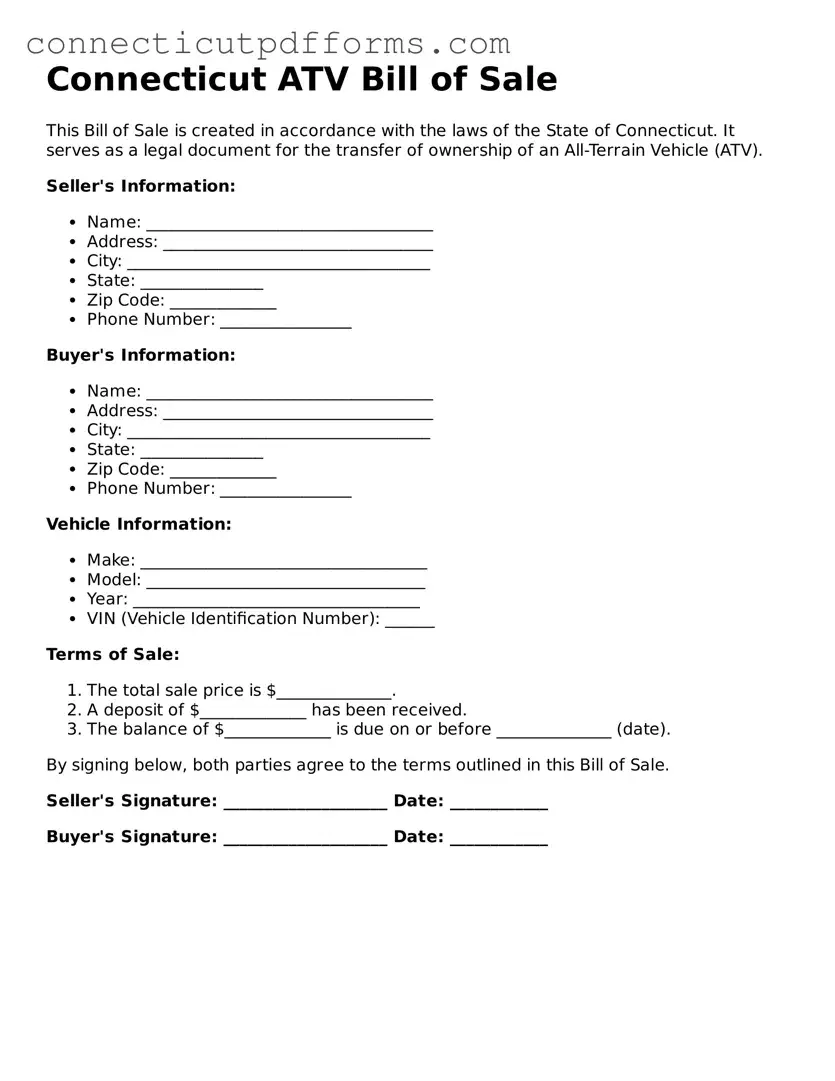 Fillable  ATV Bill of Sale Form for Connecticut