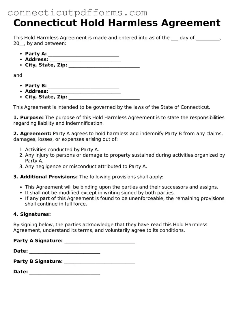 Fillable  Hold Harmless Agreement Form for Connecticut