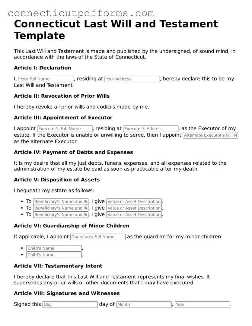 Fillable  Last Will and Testament Form for Connecticut
