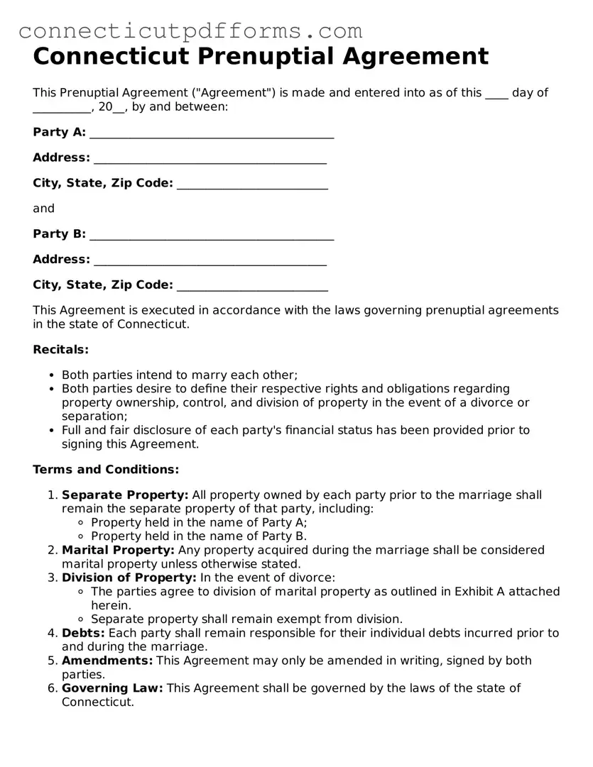 Fillable  Prenuptial Agreement Form for Connecticut